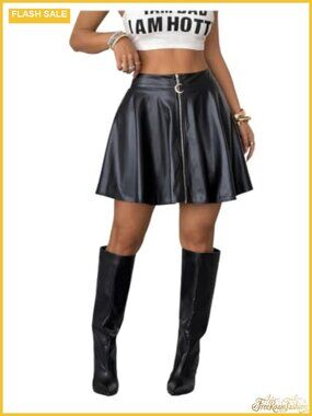Women's Leather Mini Skirt Gothic Zipper Ruffle Low Rise A-Line Flared Y2K